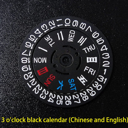 NH36 watch movement with hand-held calendar date disc wheel and day match features.