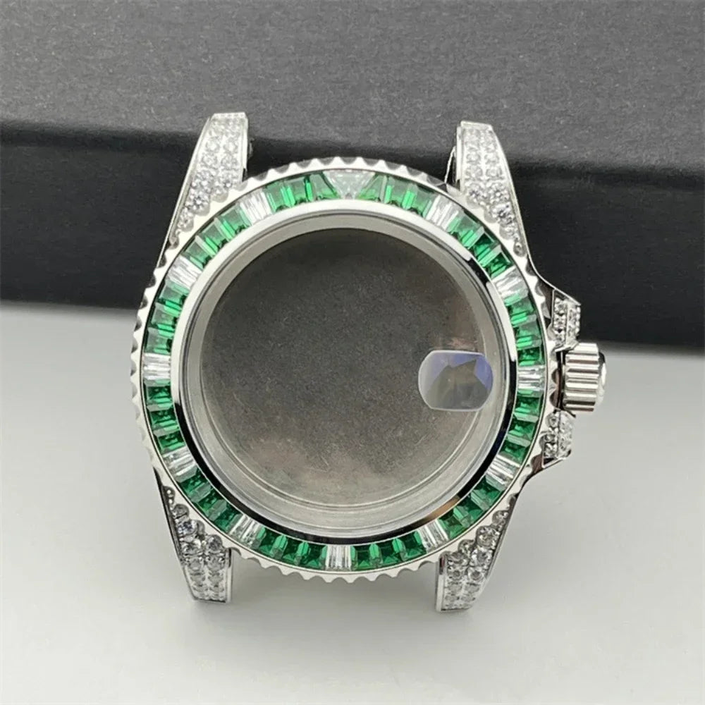 40.5mm Diamond Steel Watch Case with Strap Sapphire Glass for NH34/NH35/NH36