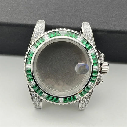 40.5mm Diamond Steel Watch Case with Strap Sapphire Glass for NH34/NH35/NH36