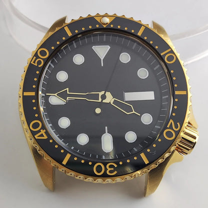 Plane sapphire glass watch case with ceramic bezel, stainless steel, fits NH35/NH36 movement, waterproof design.