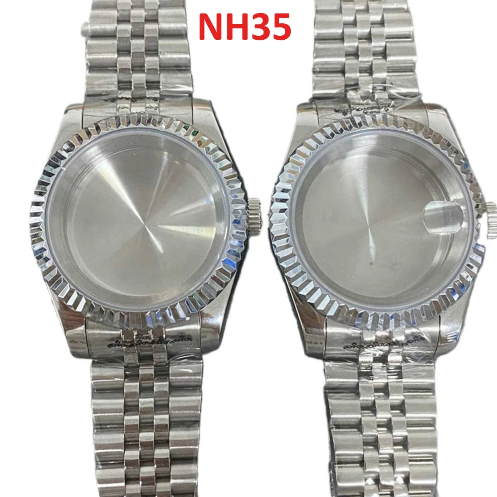 [Watch Cases] - 39mm Watch Case+Strap Kits Stainless Steel Shell for NH35/NH36 Movement Watch Cover Watchband Diy Kits