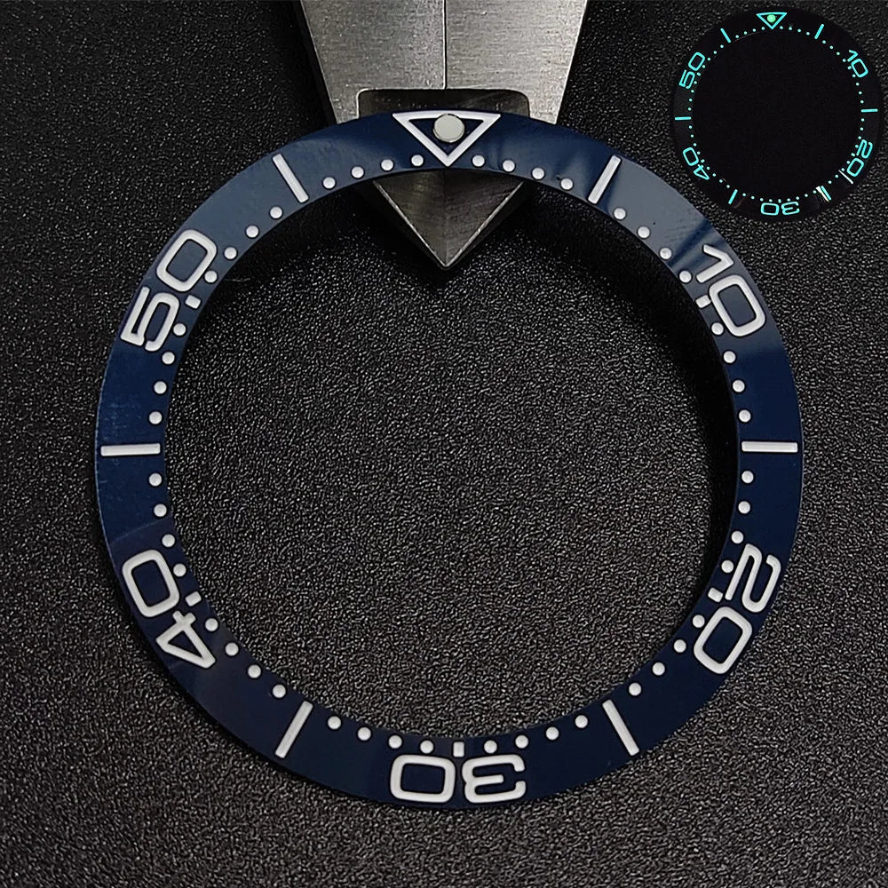 Sloping luminous ceramic bezel insert 39.3x31.7mm for watch accessories, durable replacement.