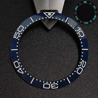 Sloping luminous ceramic bezel insert 39.3x31.7mm for watch accessories, durable replacement.
