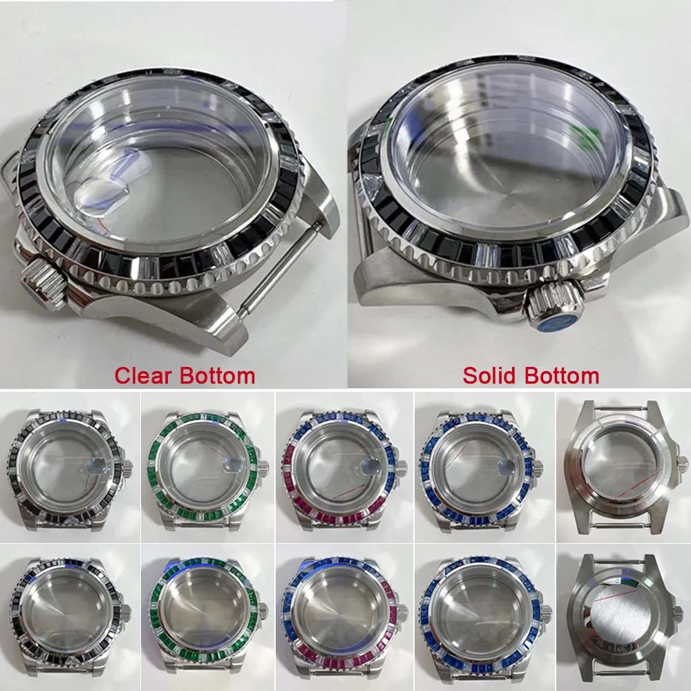 40mm Watch Case for NH35 NH36 Crystal Bezel Solid/Clear Bottom Sapphire Glass
