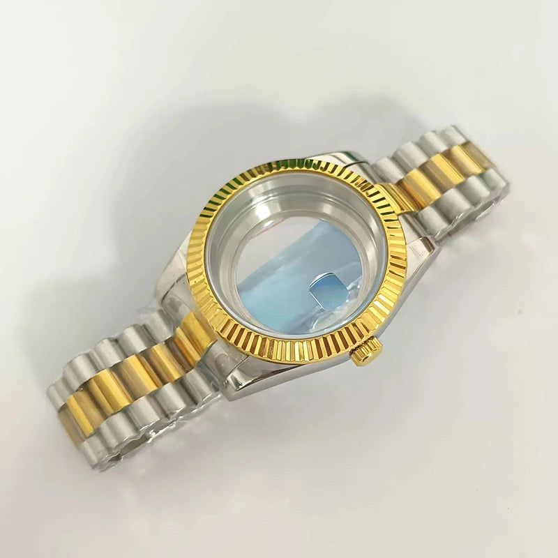 41mm Silver-Gold Classic Style Watch Case+Strap 28.5mm Dial Waterproof Fit 8285