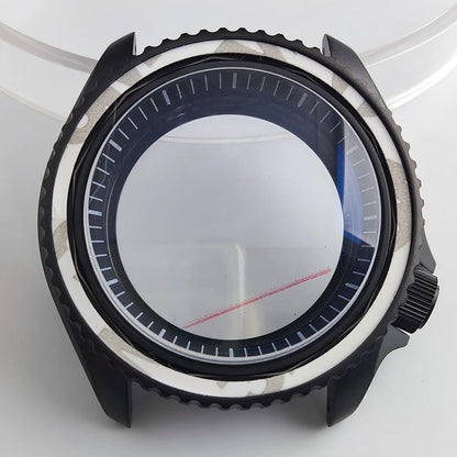 Black matte 41.5mm stainless steel watch case with ceramic bezel, sapphire glass, waterproof, fits NH35 NH36 movements by Case.