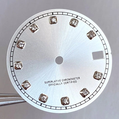 Mod Diamond Index 28.5mm watch dial in silver blue green, compatible with NH35A NH36A automatic movements.