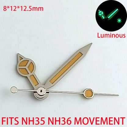 Pointer watch hands in green and blue with Super Luminous finish, compatible with NH 35 NH36 movements by Pointer.