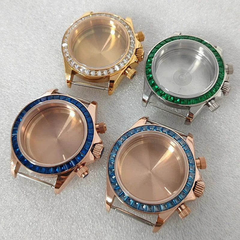 316L 39mm Case Colorful Diamond Ceramic Bezel Compatible with VK63 Three-Eye
