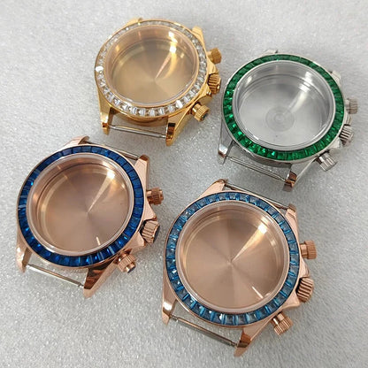316L 39mm Case Colorful Diamond Ceramic Bezel Compatible with VK63 Three-Eye