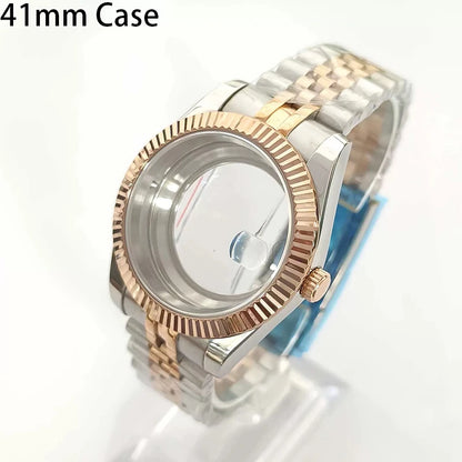 Steel 41mm Silver-RoseGold Classic Style Watch Case+Strap 28.5mm Dial Fit 8285