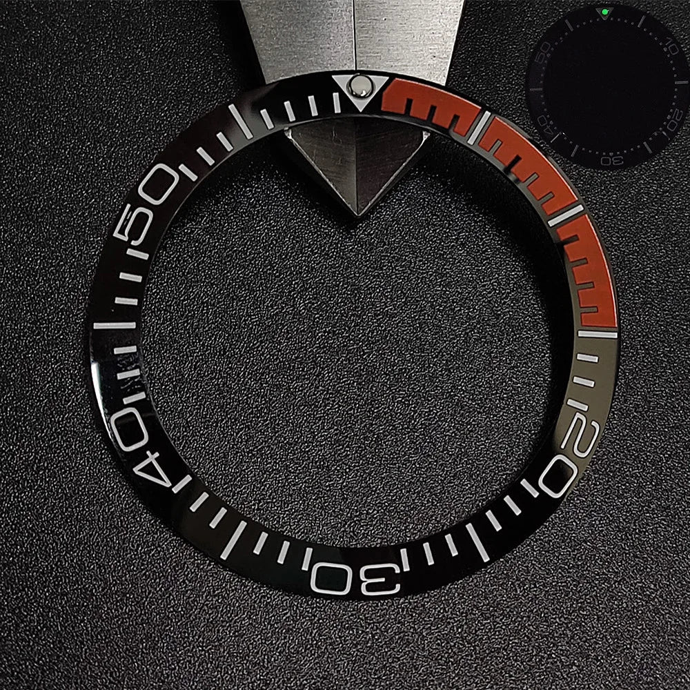 Sloping luminous ceramic bezel insert 39.3x31.7mm for watch accessories, durable replacement.