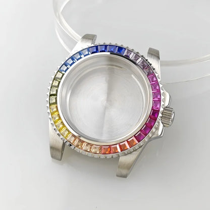 40.5mm Watch Case Strap Set SUB Diamond Studded Rainbow Bezel  for NH35 Movement