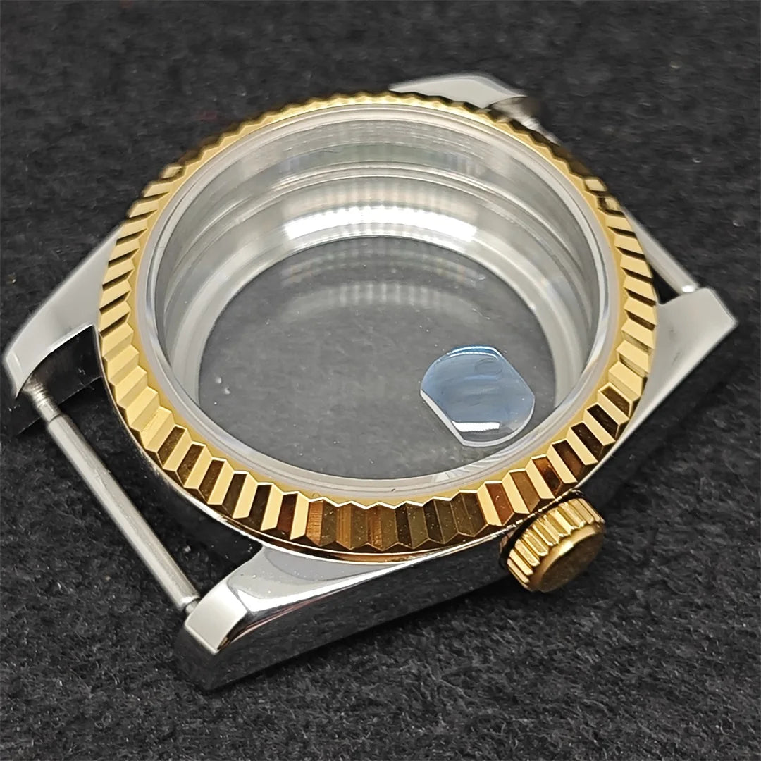 36mm Gold Sliver Fluted Teeth / Bevel Watch Case Sapphire Glass for NH35/NH36/4R