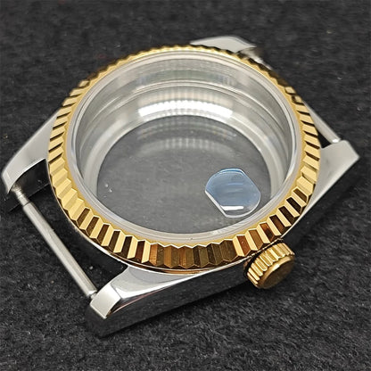 36mm Gold Sliver Fluted Teeth / Bevel Watch Case Sapphire Glass for NH35/NH36/4R