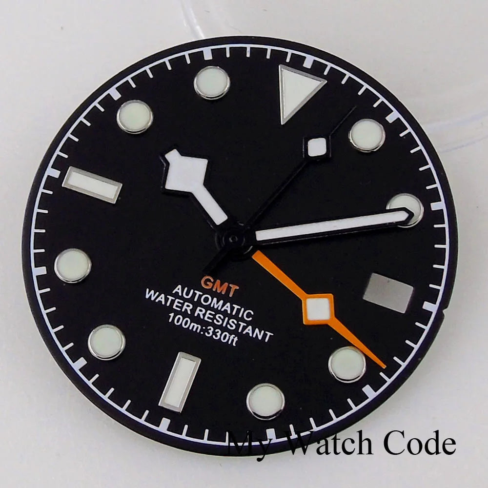 3/3.8 clock Nologo NH34 watch dial, 29mm white and blue steel plate with green luminous snowflake hand for GMT mod