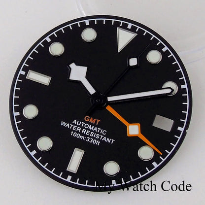 3/3.8 clock Nologo NH34 watch dial, 29mm white and blue steel plate with green luminous snowflake hand for GMT mod