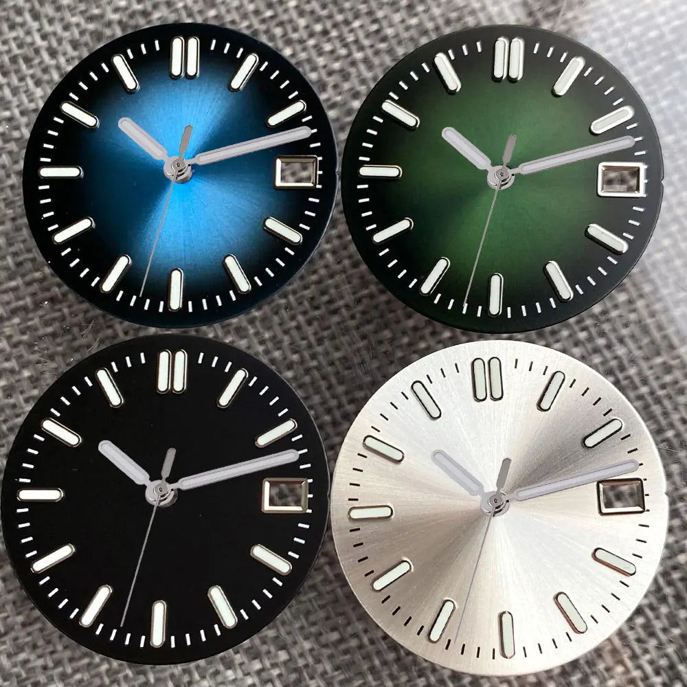 Sterile 29mm Sunray green, blue, grey watch face with silver markers for NH35 NH36 dive pilot watches