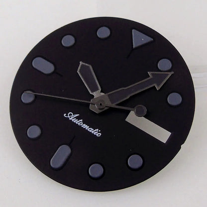 Nologo 29mm black dial with markers and hands for NH36 diver watch, double date function, 3/3.8 crown.