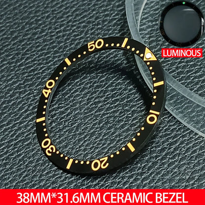 Flat ceramic bezel insert 38mm with luminous markers for precise watch accessory replacement.