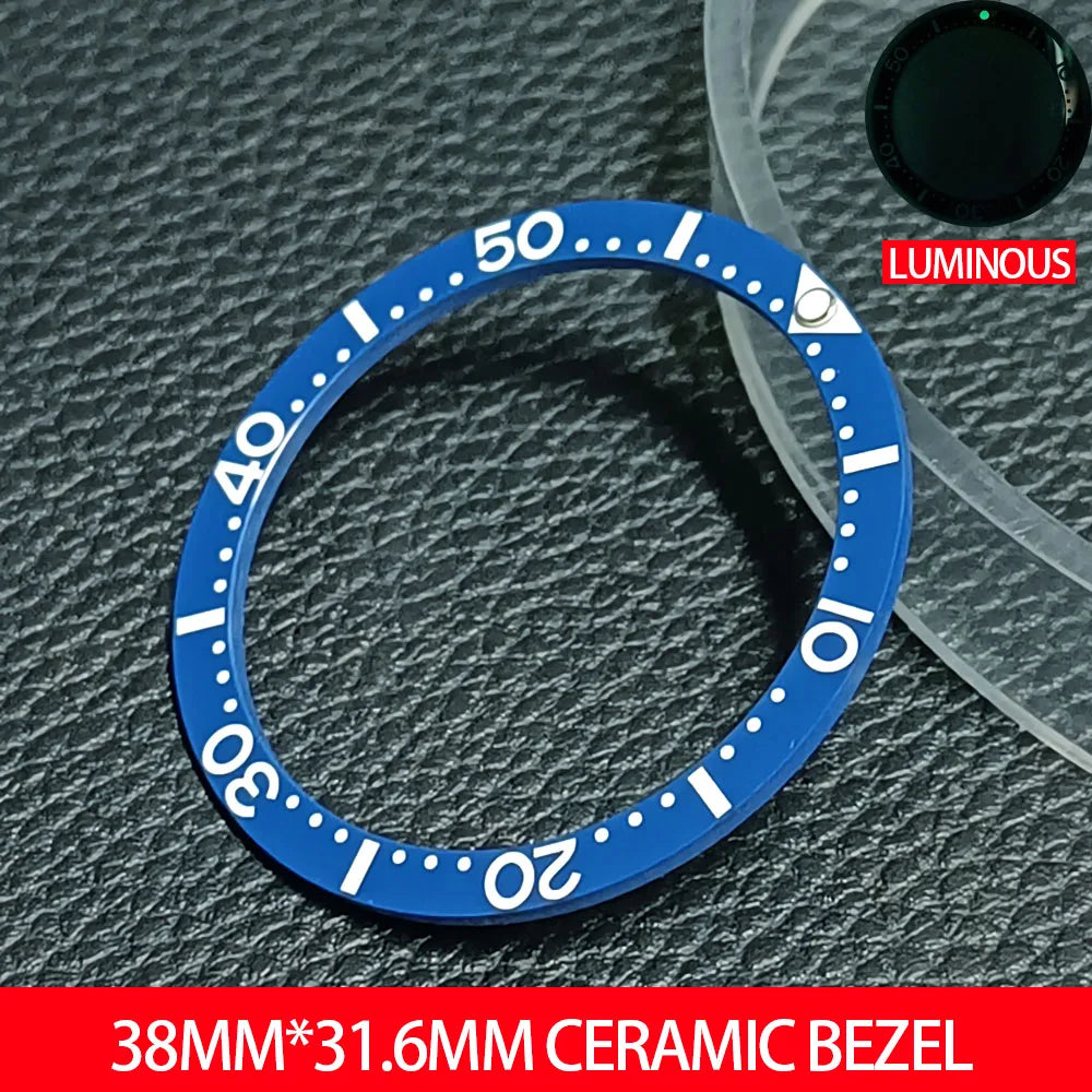 Flat ceramic bezel insert 38mm with luminous markers for precise watch accessory replacement.