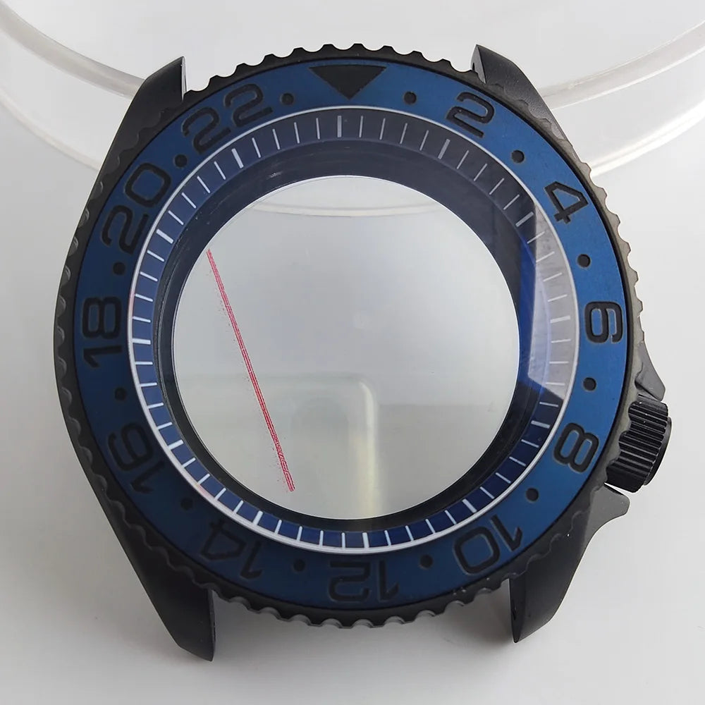 Black matte 41.5mm stainless steel watch case with ceramic bezel, sapphire glass, waterproof, fits NH35 NH36 movements by Case.