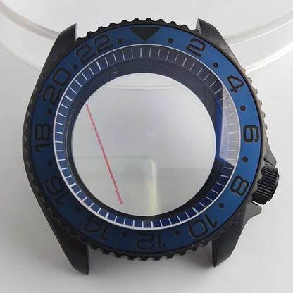 Black matte 41.5mm stainless steel watch case with ceramic bezel, sapphire glass, waterproof, fits NH35 NH36 movements by Case.