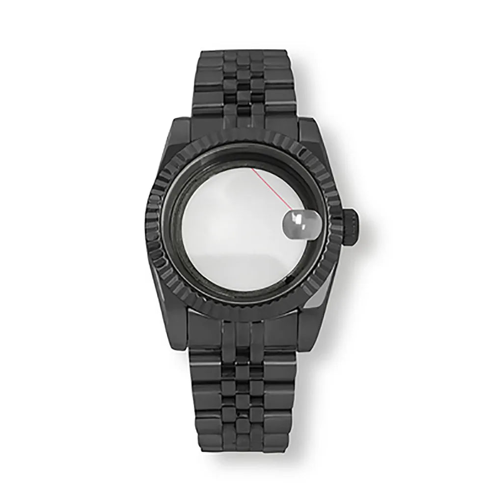 36/39mm Black Watch Case + Strap for NH35/36 Transparent Bottom Sapphire Glass