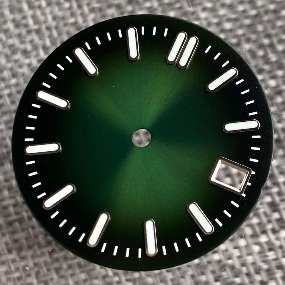 Sterile 29mm Sunray green, blue, grey watch face with silver markers for NH35 NH36 dive pilot watches