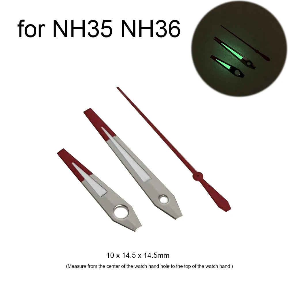 Silver Red Watch Hands for NH35 NH36 4R 7S Movement Green Luminous 3Pins Needles