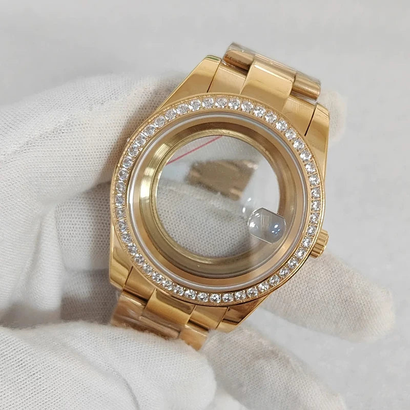 41mm Gold Diamond Inlaid 316L Steel Watch Case+Strap 28.5mm Dial Fit 8285