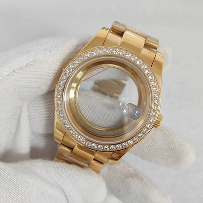 41mm Gold Diamond Inlaid 316L Steel Watch Case+Strap 28.5mm Dial Fit 8285