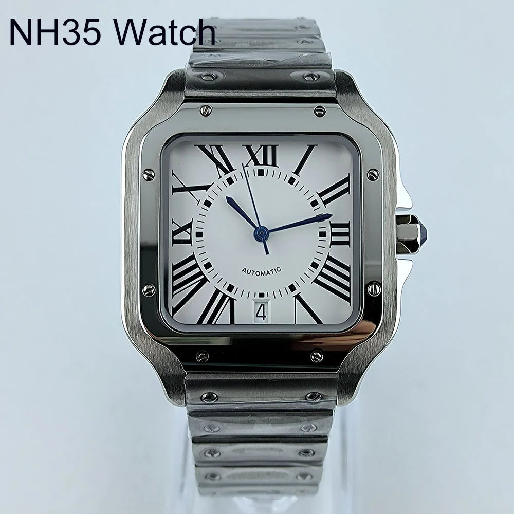 Square Roma Dial Watch Case Folding Buckle Square Case fit NH35 Movement