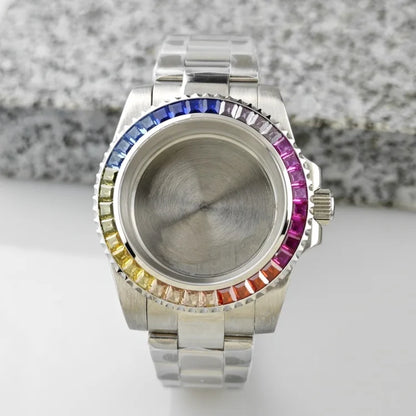 40.5mm Watch Case Strap Set SUB Diamond Studded Rainbow Bezel  for NH35 Movement
