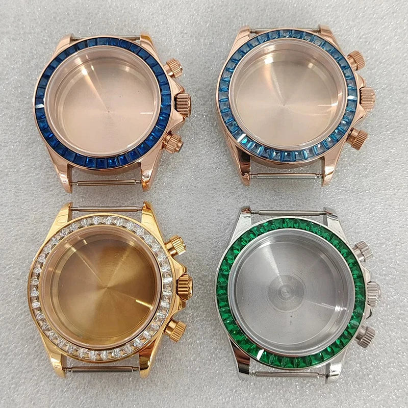 316L 39mm Case Colorful Diamond Ceramic Bezel Compatible with VK63 Three-Eye