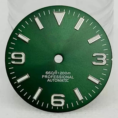 28.5mm S Logo Watch Dial SunBurst with Green Luminous for NH35/NH36 Movement