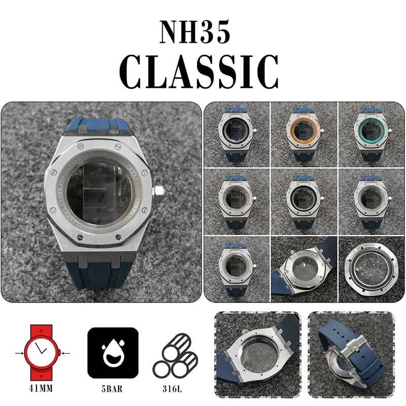 41mm 316L Steel Case+Strap+Ring Sapphire Glass Watch Case Fit NH35/NH36