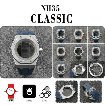 41mm 316L Steel Case+Strap+Ring Sapphire Glass Watch Case Fit NH35/NH36