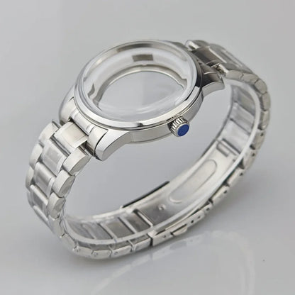 39.5mm Silver Watch Case for NH35/36/34/4R Push in Crown Mineral Strap