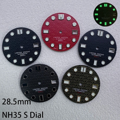 28.5mm S Logo Sea Wave Fish Scale Pattern Watch Dial Fit NH35/NH36/7S/4R