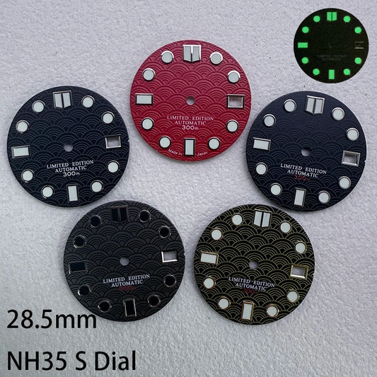 28.5mm S Logo Sea Wave Fish Scale Pattern Watch Dial Fit NH35/NH36/7S/4R