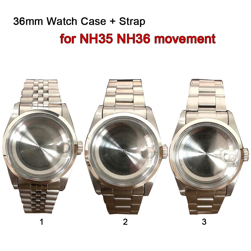 36mm Watch Case+Watch Strap Acrylic Glass Steel Case Watchband for NH35/NH36/4R