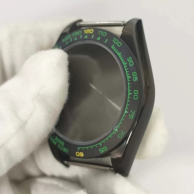 316L Steel 39mm VK63 Gold-Green Watch Case Sapphire Glass Ceramic Bezel Fit VK63