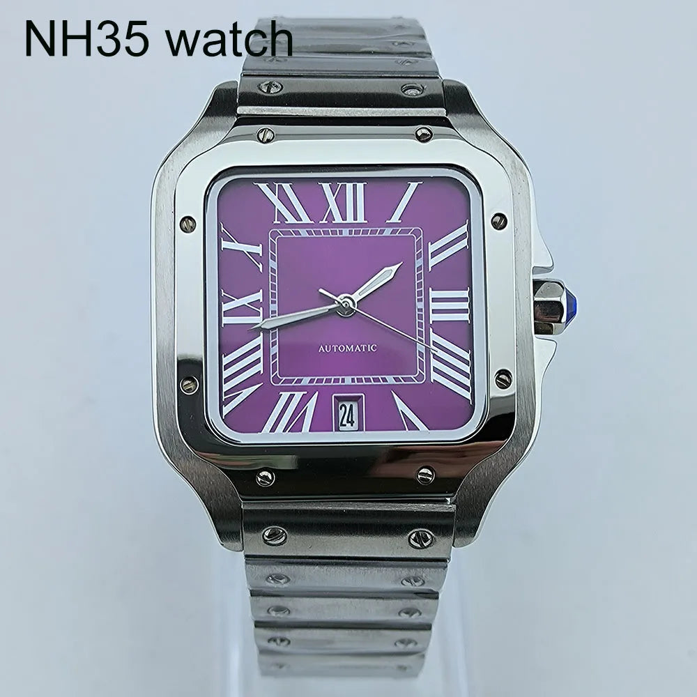 Purple Roma Square Dial Watch Case Folding Buckle Square Case fit NH35 NH36