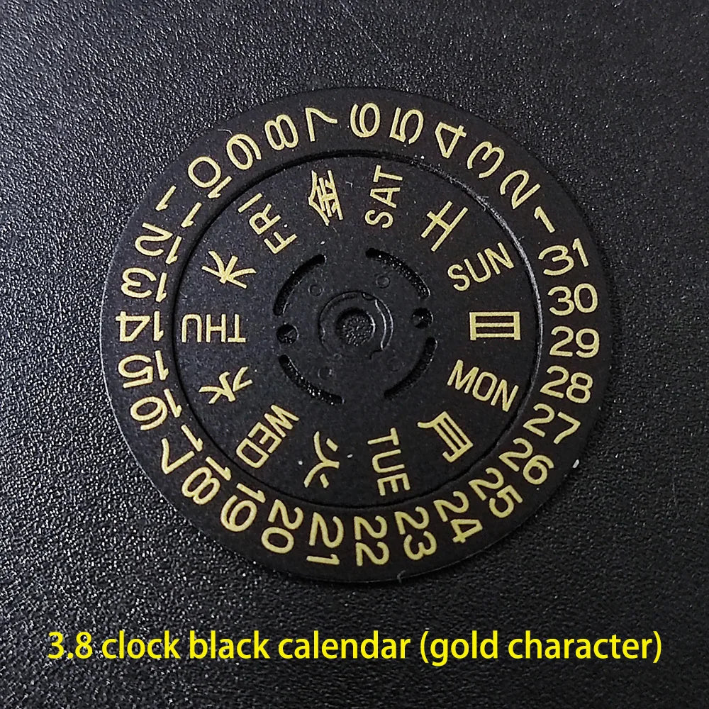NH36 watch movement with hand-held calendar date disc wheel and day match features.