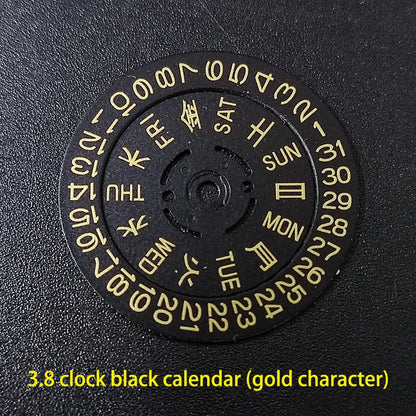 NH36 watch movement with hand-held calendar date disc wheel and day match features.