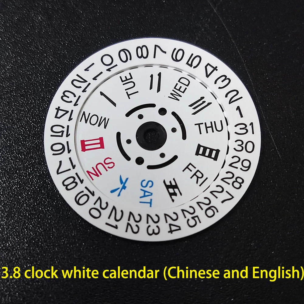 NH36 watch movement with hand-held calendar date disc wheel and day match features.