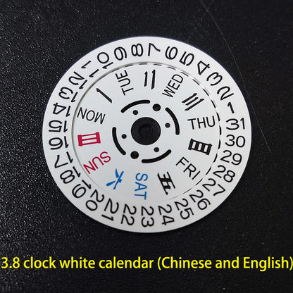 NH36 watch movement with hand-held calendar date disc wheel and day match features.