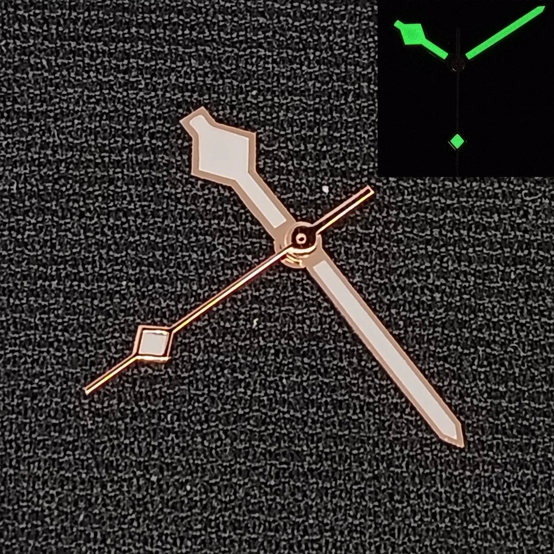 Modified Rose Gold+White Trim Watch Hands with Green Luminous for NH35 NH36