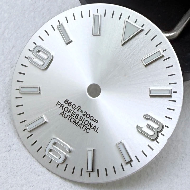 28.5mm S Logo Sunburst Ex plorer Watch Dial Green Luminous Fit NH35/NH36/7S/4R